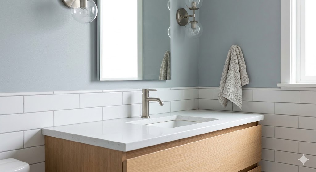 Modern bathroom vanity with light wood cabinet, white countertop, and subway tiles.